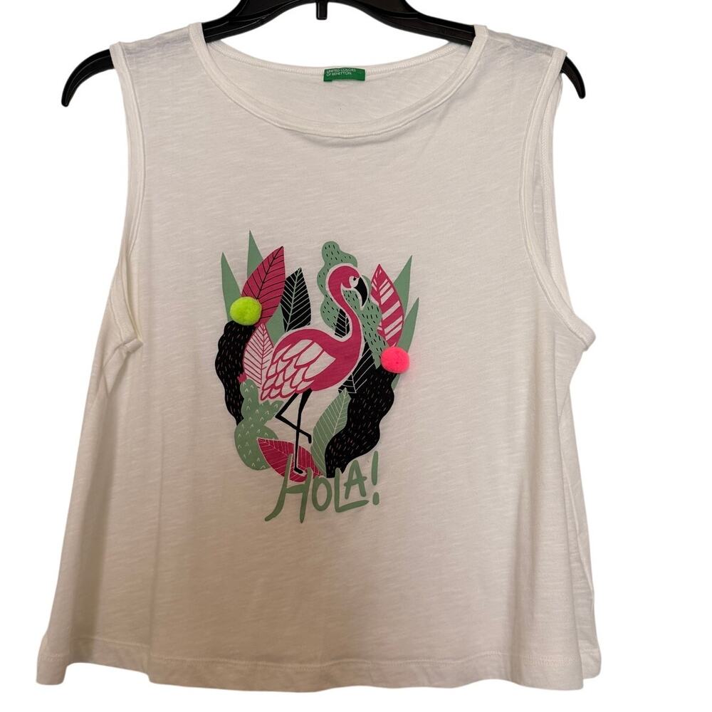 Benetton Girls 13-14 White Flamingo Graphic Tank Top 3D Pom Poms 3XL
